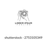 Hands Holding Camera Line Art Logo. Minimalist Photography Vector Icon. Creative Photo Studio Design.