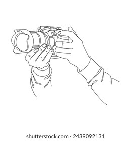 Hands holding camera Line art drawing. Hand drawn in black and white color.Camera logo, Photography logo, print, emblem design. Outline sketch drawing of hand holding still camera.Vector illustration