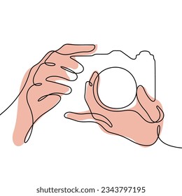 Hands holding camera one line colourful vector illustration