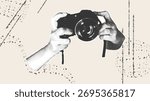 Hands holding a camera. A trendy halftone collage with a grainy photocopy effect for flyers, banners, and social media.