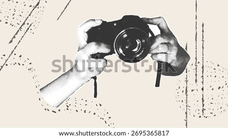 Hands holding a camera. A trendy halftone collage with a grainy photocopy effect for flyers, banners, and social media.