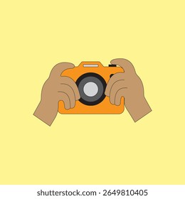 Mãos segurando a ilustração do vetor da câmera. Momento da captura. Conceito do Dia Mundial da Fotografia