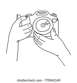 The hands are holding a camera,Hand drawn,Vector,Illustrations.