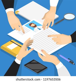 Hands holding candidate CV profile. HR manager making resume examination. Looking for job candidate to hire. Idea of recruitment. Vector isometric illustration