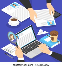 Hands holding candidate CV profile. HR manager making resume examination on laptop computer. Looking for job candidate to hire. Idea of recruitment. Vector isometric illustration