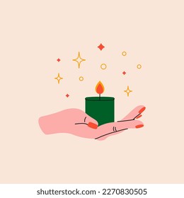Hands holding candle  Scented wax candle in hands cartoon style  aromatherapy relax concept  Vector flat illustration