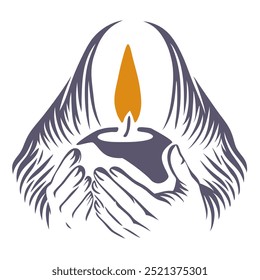 Hands holding candle. Symbol of prayer and church concept in simple style. Doodle outline illustration. Memorial linear symbol.