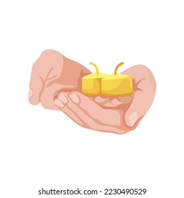 Hands holding candles vector illustration. Bathing or beauty scented accessory isolated on white background. Aromatherapy, relaxation, spa, cosmetics concept.