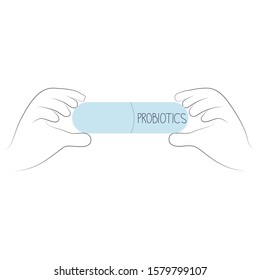 Hands holding a capsule with note probiotics in outline style illustration. Good microorganisms concept. Vector illustration isolated on white background.