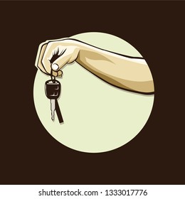 Hands holding the car key circle background - vector Illustration
