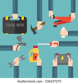 Hands holding Car service and repairing equipment modern design flat .Vector illustration.