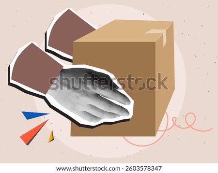 Hands holding a cardboard box. Delivery of goods. Modern photo collage style. Vector illustration