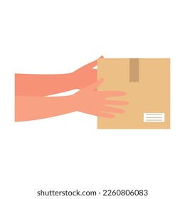 Hands holding a cardboard box. Professional delivery man, shipping box. Vector illustration.