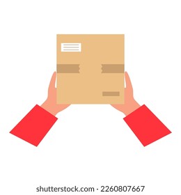 Manos sosteniendo una caja de cartón. Vista desde arriba. Ilustración vectorial.