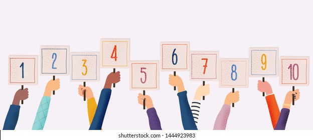 Hands holding cards with amount of scores got in competition, tournament or contest. Flat design elements, minimalist style. Vector illustration.