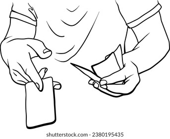Hands holding cards (poker, blackjack), Tarot card reading, winning move, linear drawing, vector.
