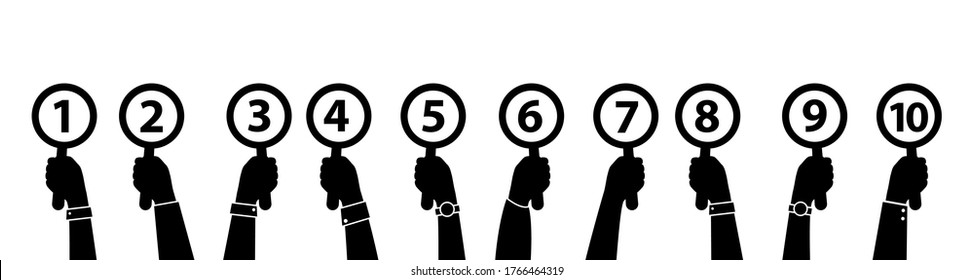 Hands holding up cards with ranking numbers. Conceptual vector illustration of jury competition, tournament or voting