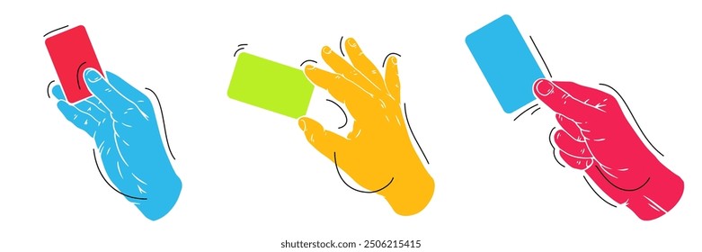 Hands holding cards. Stylized colorful art illustration in flat minimal style. Set bright vector elements.