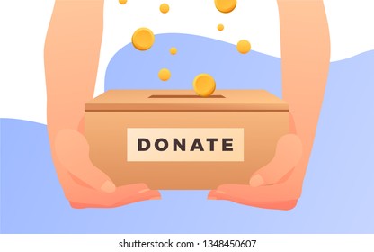 Hands holding a carton box with banner text donate. Coins inside. Donation box. Donate, giving money. Vector illustration, flat style design. - Vektor 