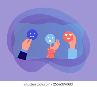 Hands holding cartoon faces with different emotions. People with happy, surprised and in love emoticons flat vector illustration.  Social media, emotions concept for banner or landing web page