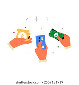 Hands Holding Cash, Coins, And Credit Card In Flat Vector Illustration Symbolizing Financial Management, Money Transactions, And Payment Methods, Isolated On White Background.