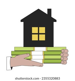 Hands holding cash ond house flat line color isolated vector object. Mortgage on property. Editable clip art image on white background. Simple outline cartoon spot illustration for web design