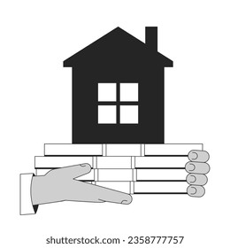 Hands holding cash ond house flat monochrome isolated vector object. Mortgage on property. Editable black and white line art drawing. Simple outline spot illustration for web graphic design