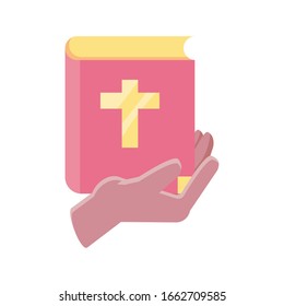 hands holding an catholic bible on white background vector illustration design