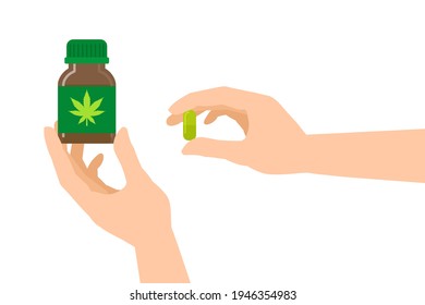 hands holding cbd hemp cannabis capsules pills jar medical product flat vector illustration on white background