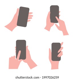 Hands holding cell phone with app design. Hand holding phone with short messages, chatting and checking social media. Vector flat illustration.