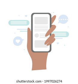 Hands holding cell phone with app design. Hand holding phone with short messages, chatting and checking social media. Vector flat illustration.