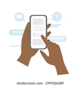 Manos sosteniendo el teléfono celular con diseño de aplicación. Mano sosteniendo el teléfono con mensajes cortos, charlando y revisando los medios sociales. Ilustración plana vectorial.