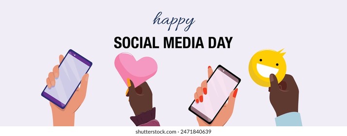 Hands holding cell phones and social media elemnts. Happy Social Media Day banner