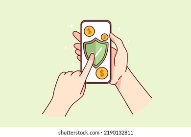 Hands holding cellphone buy online phone protection. Person with smartphone protect gadget from viruses. Technology safety. Vector illustration. 