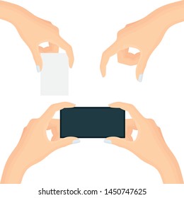 Hands holding cellphone. Selfie with mobile smart phone. Part of set.