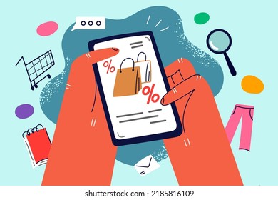 Hands holding cellphone shopping clothes online. Person buy clothing on mobile phone on internet on sale. Consumerism and technology. Vector illustration. 