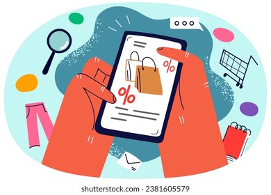 Hands holding cellphone shopping clothes online. Person buy clothing on mobile phone on internet on sale. Consumerism and technology. Vector illustration.