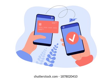 Hands holding cellphones and sending money from electronic wallet flat vector illustration. Cartoon mobile payments online using phone. Bank transaction and digital technology concept