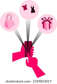 Hands holding cellphone-smartphone buying bag clothes gift