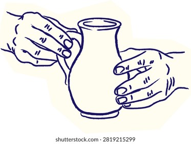 hands holding ceramic pot pitcher in line art sketch style for pottery workshop logo and craft branding design