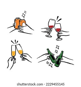 Hands holding champagne, beer in cheers handdrawn line art