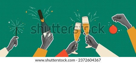 Hands holding champagne bottle, glasses, christmas tree toy and sparkler. Trendy collage art.Design for poster, banner or greeting card. New Year concept.Vector