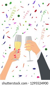 Hands holding champagne glasses, celebrating. Vector illustration.