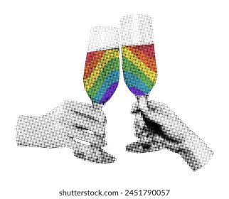 Hands holding champagne glasses celebrating Pride Month halftone art collage. Cutout of magazine shapes, LGBT rainbow sticker. Modern retro vector illustration isolated on transparent background