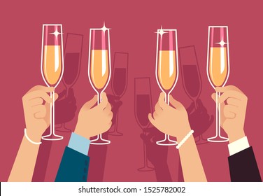 Hands holding champagne glasses. People celebrate corporate christmas party with alcohol drinks anniversary event flat vector banquet gathering celebration concept