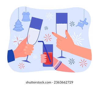 Hands holding champagne and juice glasses vector illustration. Father, mother and child raising drinks to celebrate Christmas or New Year, fireworks and decor around. Family toast, holiday concept