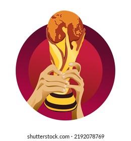 hands holding the championship trophy. Flat style vector illustration isolated on a burgundy background.
