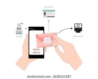 Mãos segurando mudança de envelope de endereço, smartphone para atualização on-line e medidores de serviços para gás e eletricidade, simbolizando o processo de realocação
