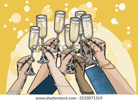 Hands holding chapagne toast clinking glasses cheers celebration party illustration  yellow succes theme background