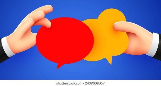 Hands holding a chat bubble. Communication concept. 3d cartoon style. Vector illustration